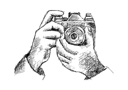 Two Hands Holding a Camera. Hand drawing illustration.のイラスト素材