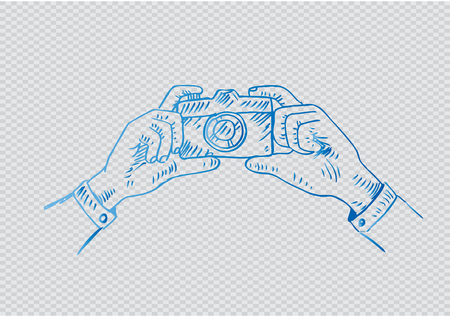Sketchy of hands holding compact photo camera.のイラスト素材