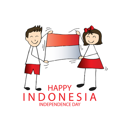 Hand drawing boy and girl holding flag. Independence day of Indonesia.のイラスト素材