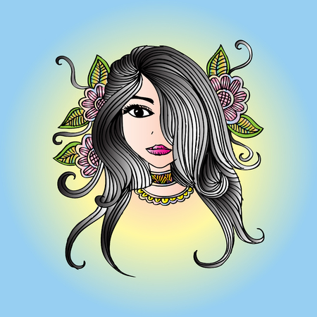 Hand drawing young woman with flowersのイラスト素材