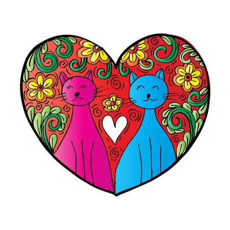 Two cute cat in love. Doodle style.のイラスト素材