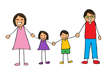 Happy family holding hands and smiling. Hand drawing illustration.のイラスト素材
