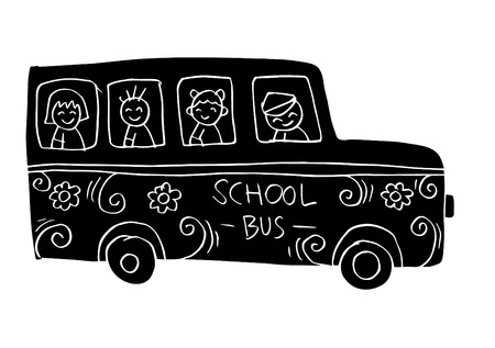 School bus with kids in cartoon, black and white illustration.のイラスト素材