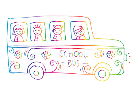 School bus with kids colored outlines illustration.
