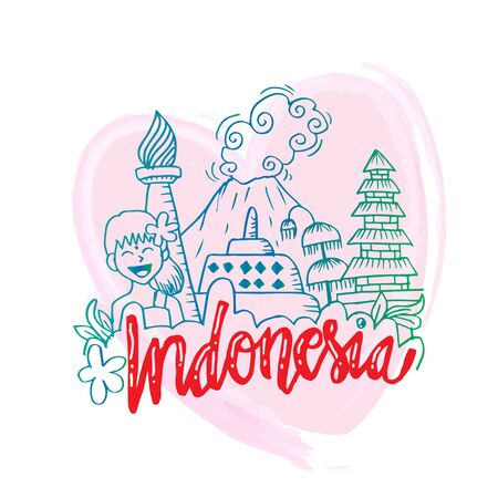 Indonesia icons and landmarks. Hand drawing illustration.のイラスト素材