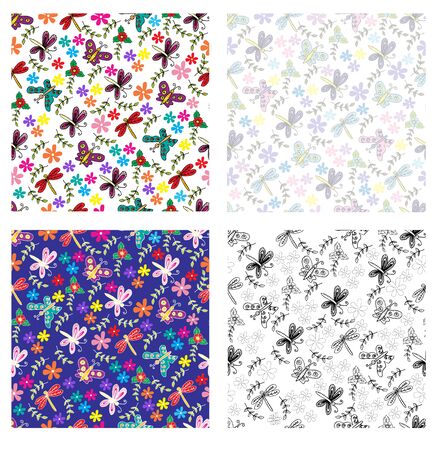 Spring butterflies, dragonfly and flowers seamless pattern.のイラスト素材