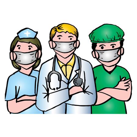 Doctor and nurses wearing protective suite and standing together to fight coronavirusのイラスト素材
