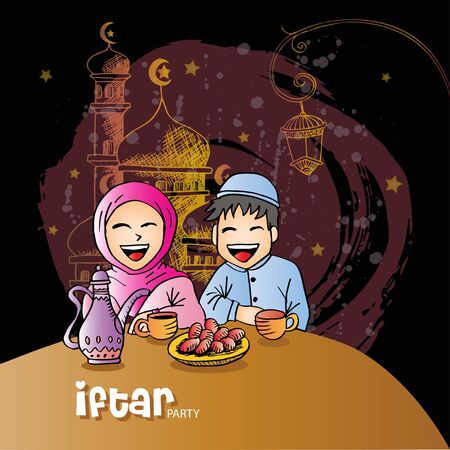 Ramadan Kareem Iftar party celebration with cute muslim family.のイラスト素材