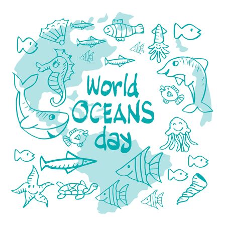 World ocean day hand drawn lettering and underwater animals.のイラスト素材