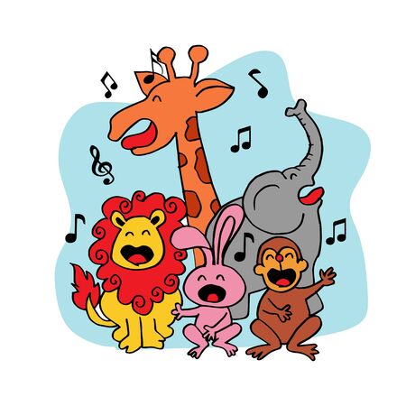 Cute group of animals sings. Cartoon style.のイラスト素材