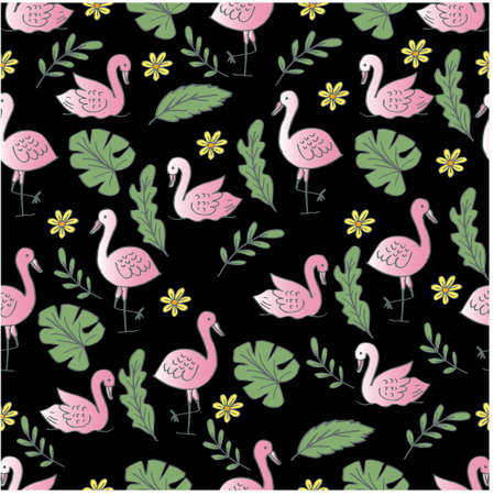 Summer flamingo and leaves seamless pattern.のイラスト素材