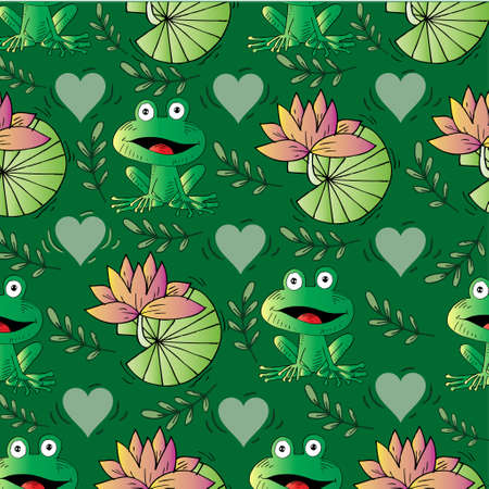 Green frog with lotus leaf and flower seamless pattern.のイラスト素材