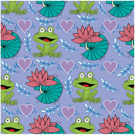 Green frog with lotus leaf and flower seamless pattern.のイラスト素材