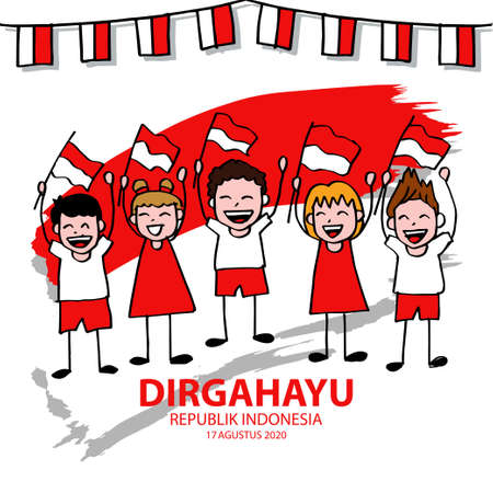 Hand drawing boy and girl holding flag. 17 August. Indonesia Happy Independence Day greeting cardのイラスト素材