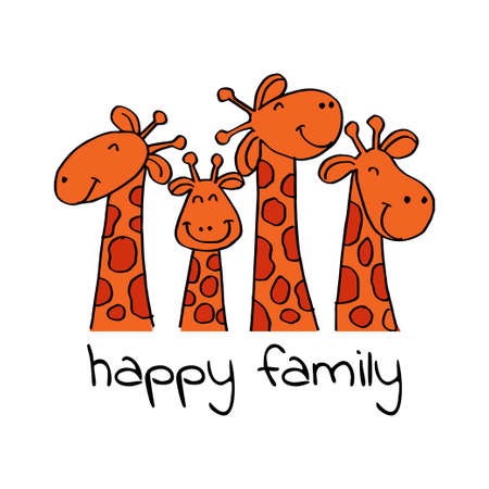 Happy family. Giraffe mother, father and kids. Cartoon cute giraffe familyのイラスト素材