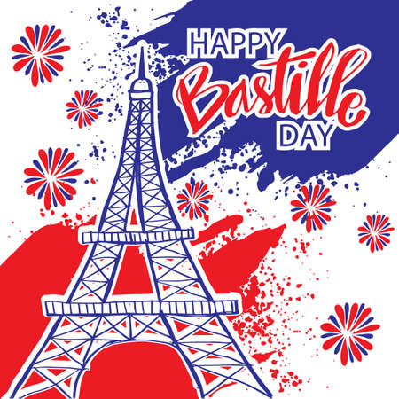 Happy Bastille Day, 14th of July. Holiday greeting card with Eiffel tower.のイラスト素材