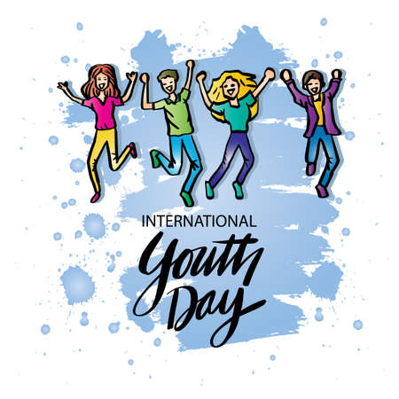 Happy youth day card with happy teenagers cartoons.のイラスト素材