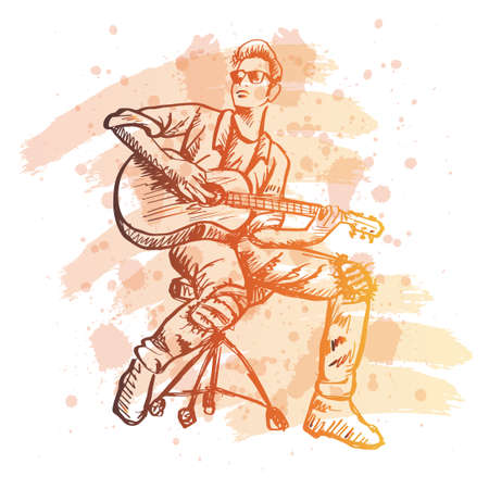 Sketch of a sitting musician playing an acoustic guitarのイラスト素材