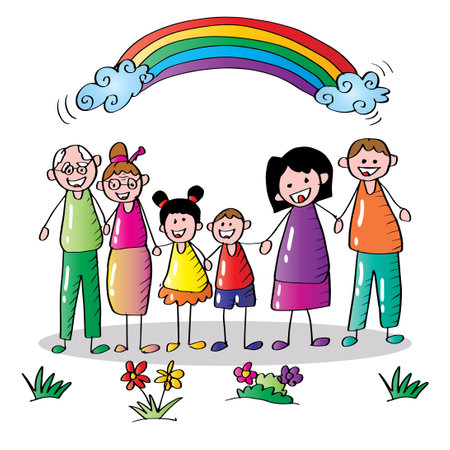 Cartoon happy family with two children, grandparents and rainbowのイラスト素材