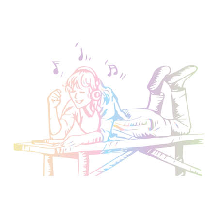 Sketch of beautiful young girl  listening to musicのイラスト素材