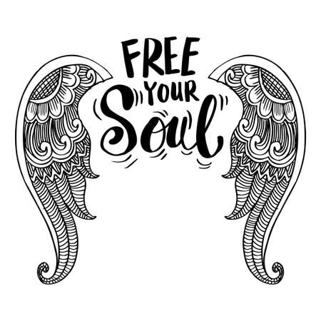 Free your soul hand lettering with wings. Motivational quote.のイラスト素材