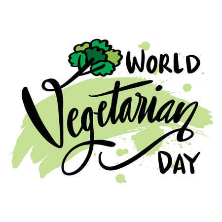 World Vegetarian Day hand drawn lettering with leaf. Concept design for banner, poster, card, textile print.のイラスト素材