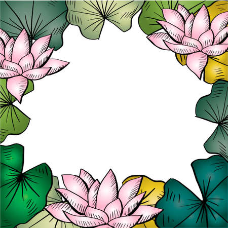 Hand drawing floral frame of pink lotus flowers (water Lily).のイラスト素材