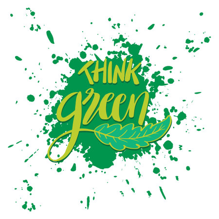 Think green hand lettering with splatter water background. Poster environment concept.のイラスト素材