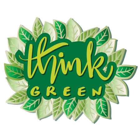 Think green hand lettering with leaves background. Poster environment concept.のイラスト素材