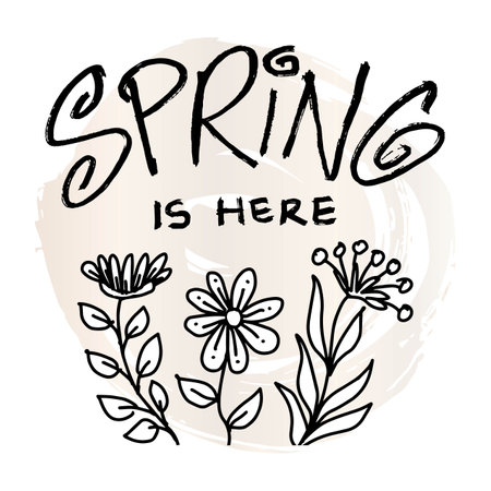 Spring is here lettering with flowers. Hand drawn vector illustration.のイラスト素材