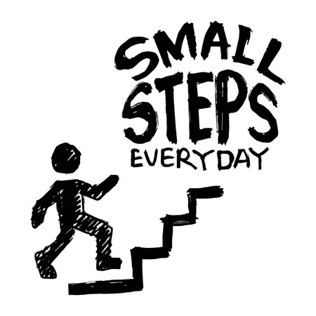 Small step  everyday. Hand drawn vector illustration of a man walking up the stairs to success.のイラスト素材