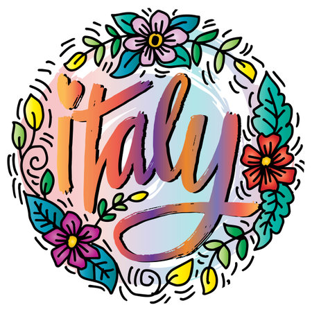 Italy  hand drawn lettering with flowers and leaves. Vector illustration.のイラスト素材