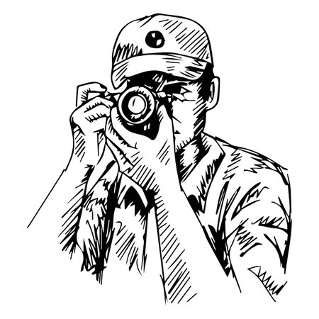Vector sketch of a photographer with a camera in his hands. Hand-drawn illustration.のイラスト素材