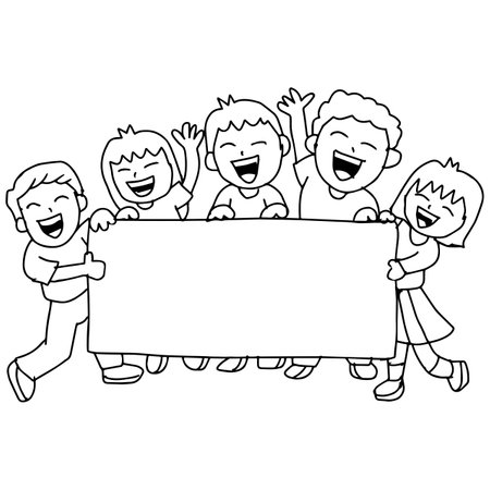 Black and White Cartoon Illustration of Kids Holding a Blank Sign or Bannerのイラスト素材