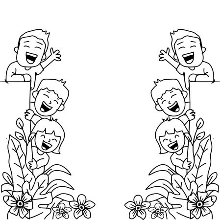 Illustration of happy kids playing with flowers. Coloring Bookのイラスト素材