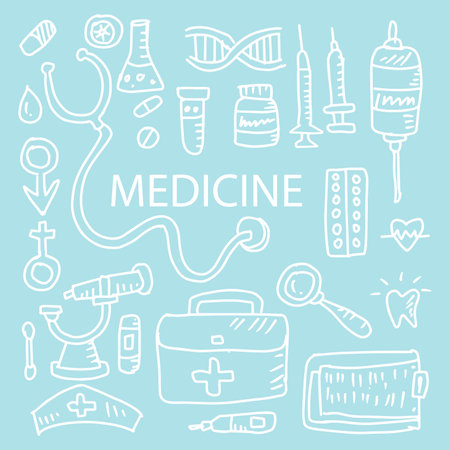Medicine doodle icons set. Hand drawn vector illustration.のイラスト素材