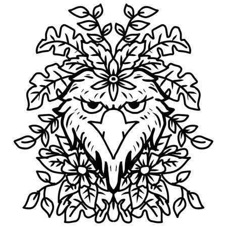 Owl with a wreath of flowers and leaves. Vector illustration.のイラスト素材