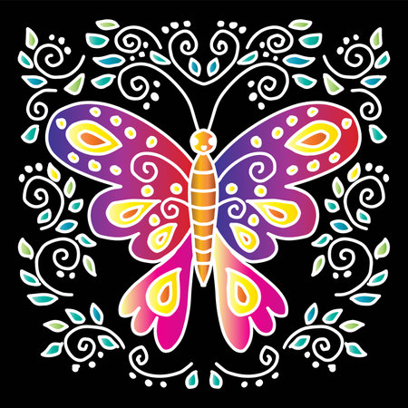 Butterfly and floral ornament on black background. Vector illustration.のイラスト素材
