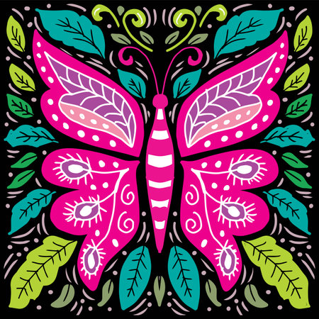 Butterfly with flowers and leaves on a black background. Vector illustration.のイラスト素材