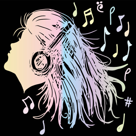 Girl with headphones on a black background with musical notes, vector illustrationのイラスト素材