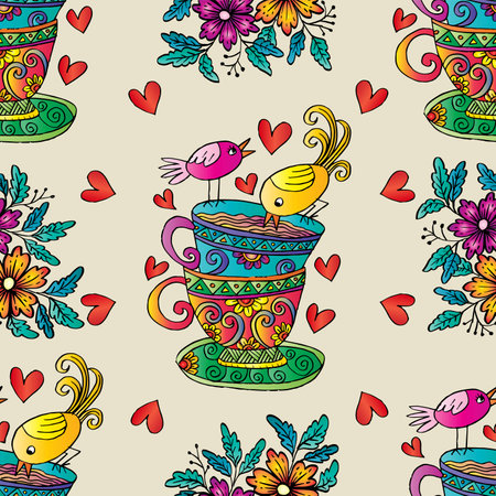 Seamless pattern with cups, birds and flowers. Vector illustration.のイラスト素材