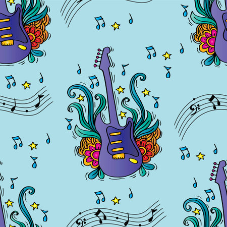 Seamless pattern with musical notes and electric guitar. Vector illustration.のイラスト素材