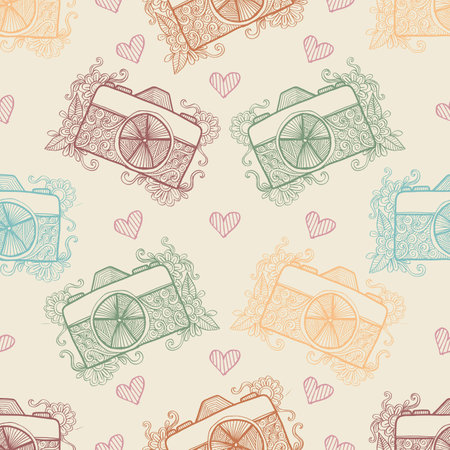 Seamless pattern with vintage cameras and hearts. Vector illustration.のイラスト素材