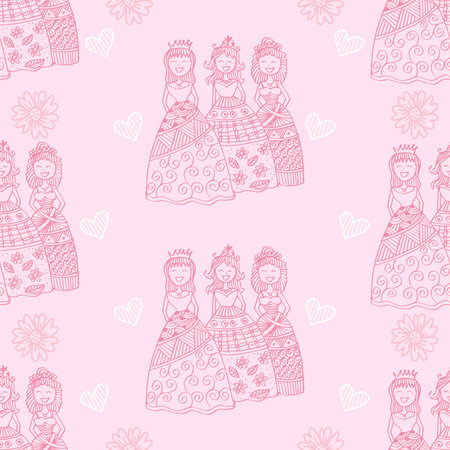 Seamless pattern with cute princesses. Hand drawn vector illustration.のイラスト素材