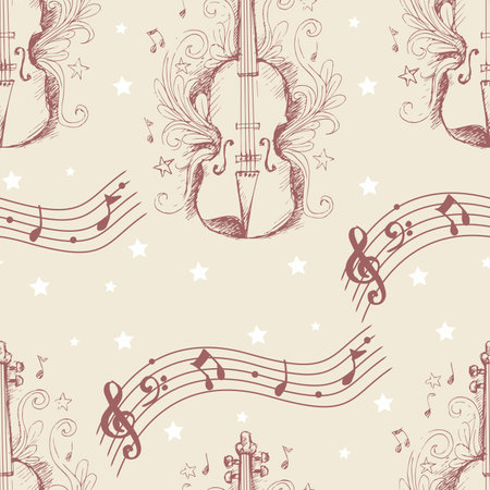 Seamless pattern with music notes and violin. Hand drawn vector illustration.のイラスト素材