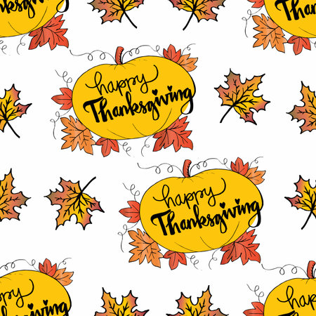 Thanksgiving day seamless pattern with hand drawn lettering. Vector illustrationのイラスト素材