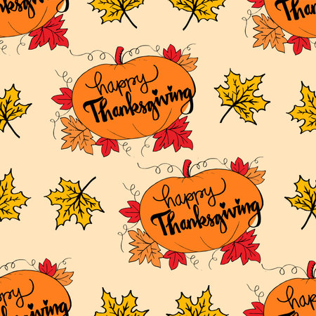 Thanksgiving day seamless pattern with hand drawn lettering. Vector illustrationのイラスト素材