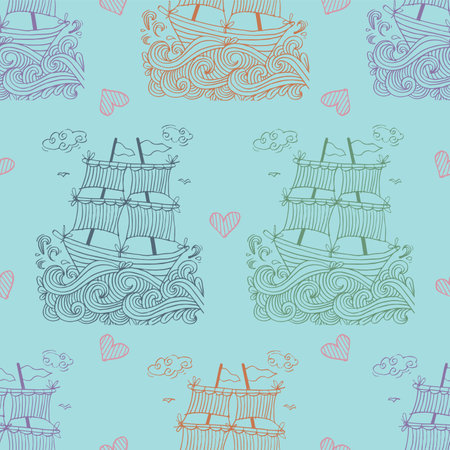 Seamless pattern with ships and hearts. Hand drawn vector illustration.のイラスト素材