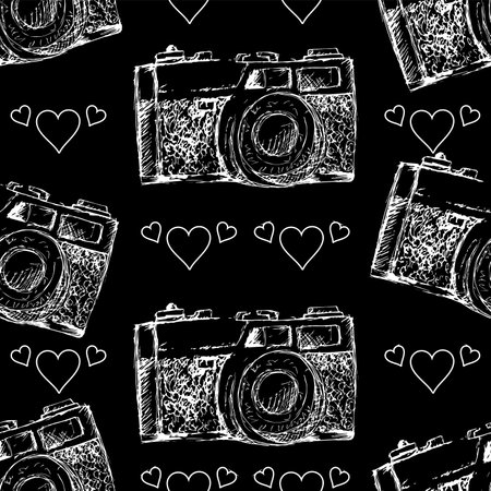 Seamless pattern with vintage cameras and hearts. Black background. Vector illustration.のイラスト素材