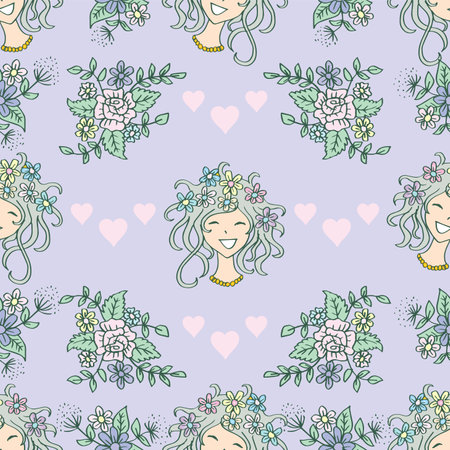 Seamless pattern with cute girl and flowers. Vector illustration.のイラスト素材